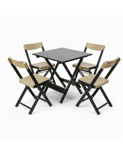 Kit 1 Mesa + 4 Cadeiras Dobrável Madeira e Plástico - Preta e Bege