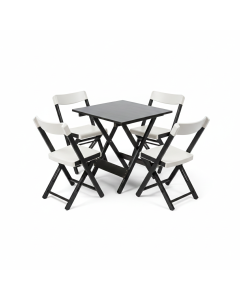 Kit 1 Mesa + 4 Cadeiras Dobrável Madeira e Plástico - Preta e Branca
