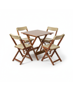 Kit Mesa e Cadeira Dobr&aacute;vel Madeira e Pl&aacute;stico - Madeira e Bege