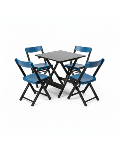 Kit 1 Mesa + 4 Cadeiras Dobrável Madeira e Plástico - Preta e Azul