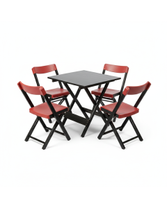 Kit 1 Mesa + 4 Cadeiras Dobrável Madeira e Plástico - Preta e Vermelha