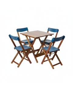 Kit 1 Mesa + 4 Cadeiras Dobr&aacute;vel Madeira e Pl&aacute;stico - Madeira e Azul
