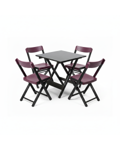 Kit 1 Mesa + 4 Cadeiras Dobrável Madeira e Plástico - Preta e Vinho