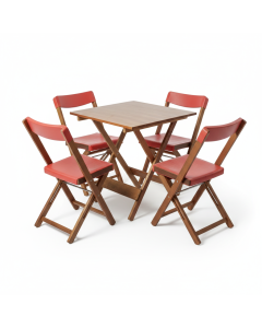 Kit 1 Mesa + 4 Cadeiras Dobr&aacute;vel Madeira e Pl&aacute;stico - Madeira e Vermelha